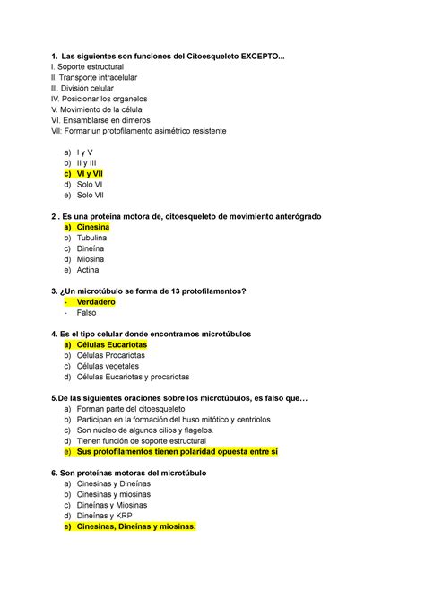 Biolog A Celular Cuestionario De Preguntas Las Siguientes Son