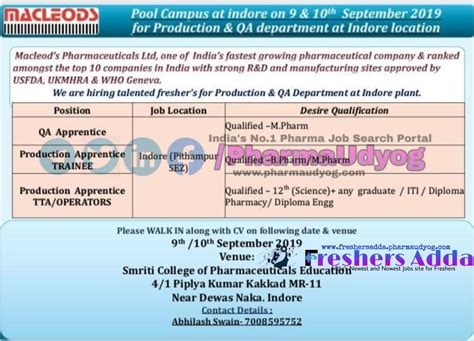 Macleods Walk In Interview For Freshers September Indore