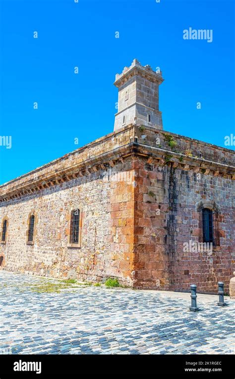 Montjuic Castle Medieval Stone Wall Architecture Corner With Tower