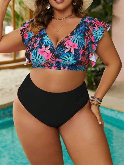 Shein Swim Vcay Plus Tropical Print Ruffle Trim Bikini Swimsuit Shein Usa