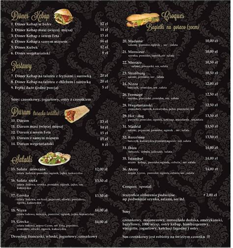 Menu At No Efes Kebap Croques Pub Bar Jelenia G Ra