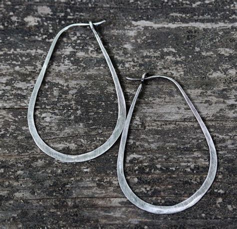 Rustic Oblong Hoop Earrings Sterling Silver Large Hoops Lightweight