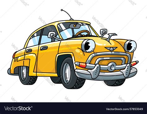 Funny small yellow retro car with eyes Royalty Free Vector