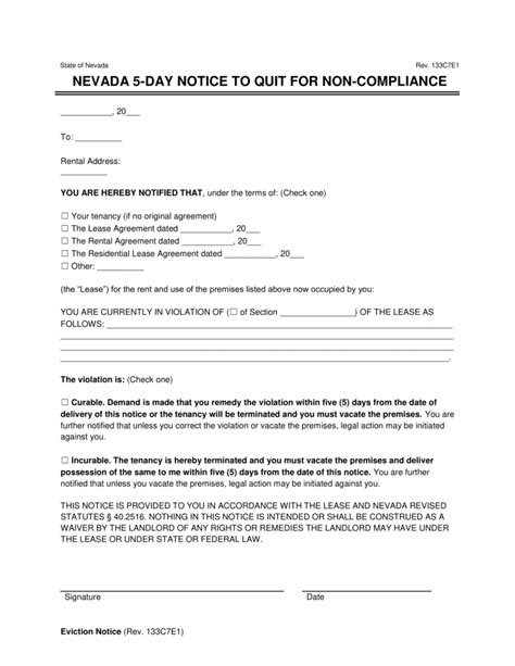 Free Nevada 5 Day Notice To Quit Non Compliance Form Pdf And Word