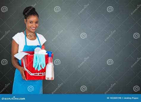 Female Janitor Holding Cleaning Equipment Stock Photo Image Of