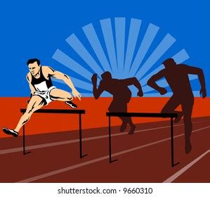 Track Field Athletes Jumping Hurdles Stock Illustration