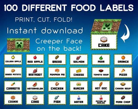 Minecraft Food Label Food Tent Cards Minecraft Buffet Labels