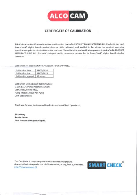 Certificado De Calibraci N Segundo Alochol Metro Alco Cam Certificate