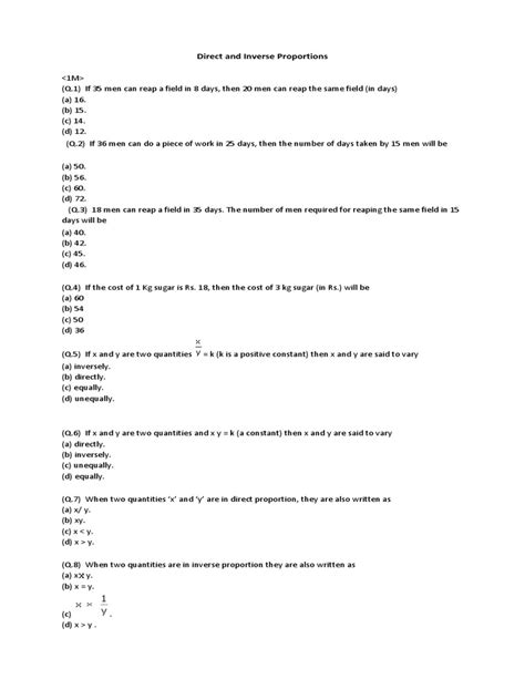 CBSE Class 8 Mathematics Worksheet Direct And Inverse Variations