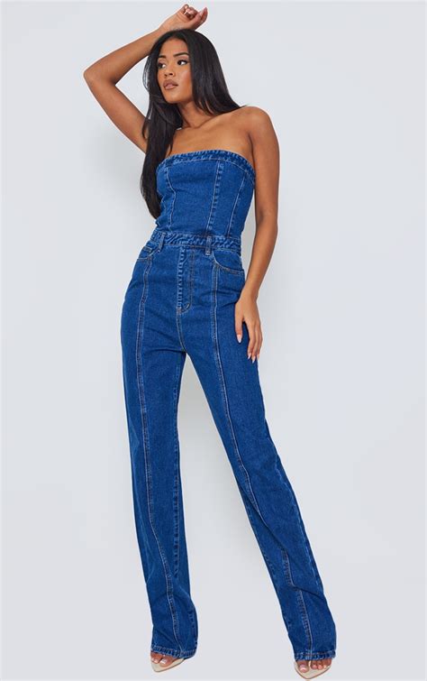 Tall Mid Blue Wash Bandeau Denim Jumpsuit Prettylittlething Ksa