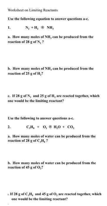 Solved Worksheet On Limiting Reactants Use The Following Chegg