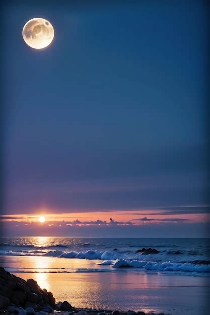 Premium Ai Image A Moonlit Beach With A Sunset And The Sun Shining On It