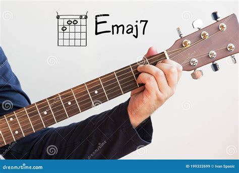 Man Playing Guitar Chords Displayed On Whiteboard Chord E Major 7