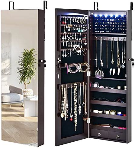 COSTWAY LED Lights Jewelry Cabinet Door Hanging Wall Mounted Jewelry