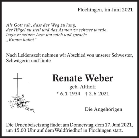 Traueranzeigen Von Renate Weber Zeit Des Gedenkens De