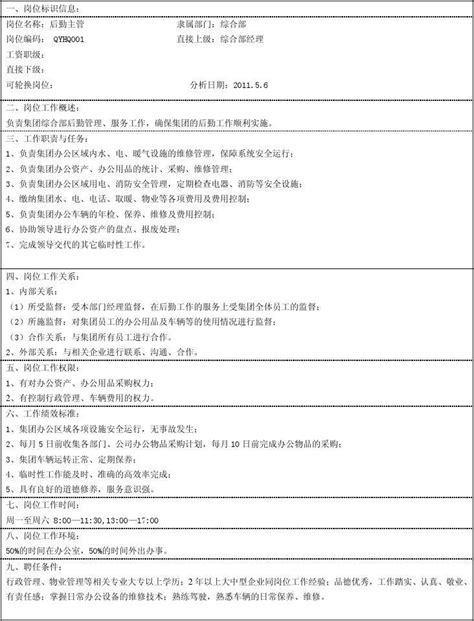 后勤主管职务说明书 word文档在线阅读与下载 无忧文档