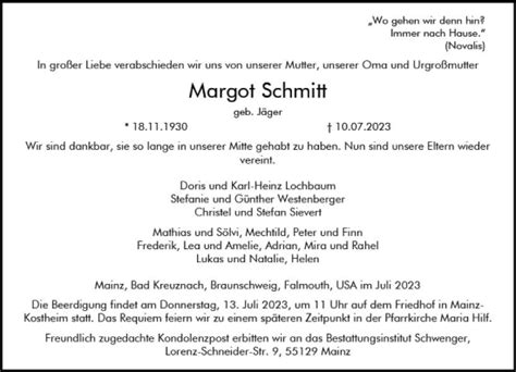 Traueranzeigen Von Margot Schmitt Vrm Trauer De