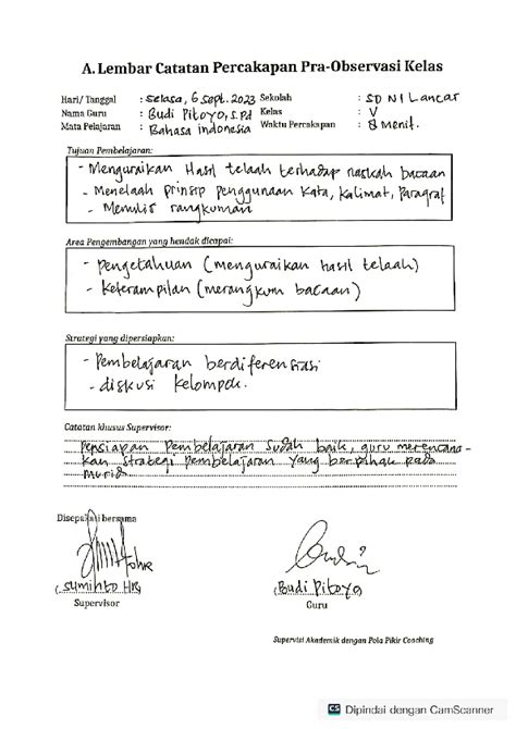 Pdf Lembar Catatan Percakapan Pra Observasi Kelas