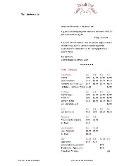 Getränkekarte Restaurant Rössli Boll