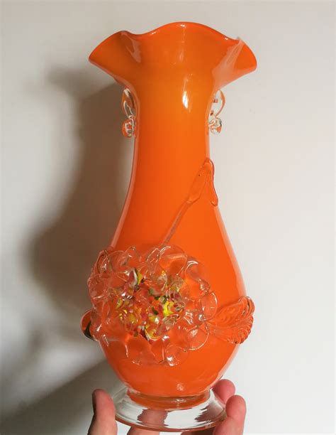 Collectibles Vintage Orange Hand Blown Glass Vase With Silver Detailing Art And Collectibles