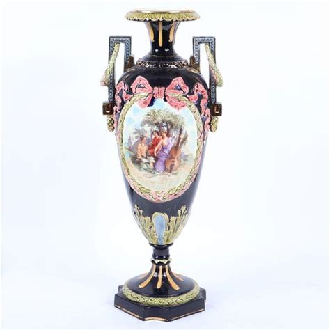 Lot Large Antique Continental Majolica Double Handle Urn With