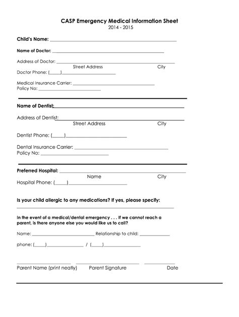 Fillable Online Casp Emergency Medical Information Sheet Fax Email