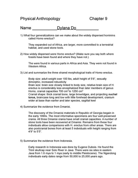 Physical Anthropology Chapter 9 Notes How Widely Dispersed Were Homo Erectus Make Sure You