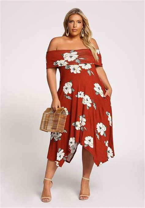 Plus Size Floral Off Shoulder Pointed Midi Dress Plus Size Outfits Plus Size Dresses Plus