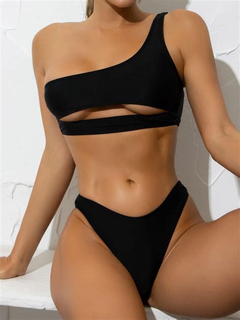 Conjunto De Bikini Unicolor Corte De Un Hombro Superior Y Bottom De