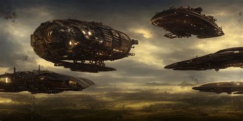 Steampunk Spaceship Hovering Over Fields And Small Stable Diffusion