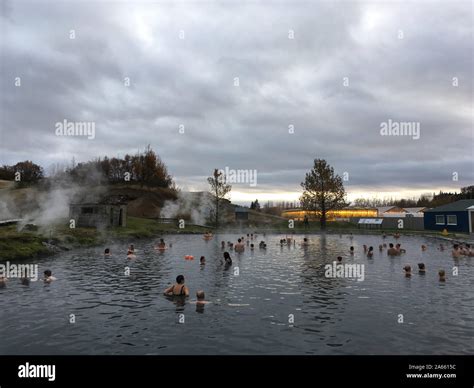 The Secret Lagoon geothermal pools, Iceland, 12 October 2019 Stock ...