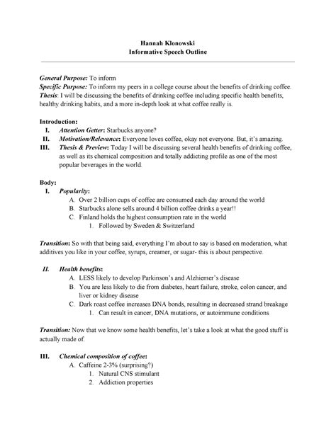 Informative Speech Outline Hannah Klonowski Informative Speech Outline General Purpose To