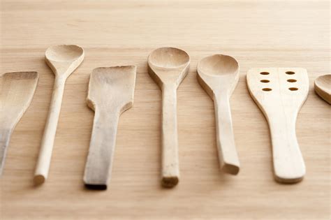 Set of plain wooden kitchen spoons and spatulas - Free Stock Image