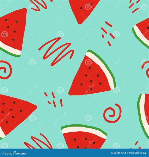 Watermelon Slices And Doodles Seamless Pattern Hand Drawn Stock