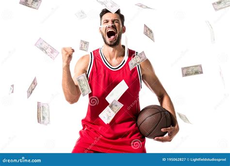 Basketball Player Isolated On White With Falling Money Stock Image