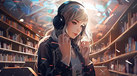 Premium Ai Image Cute Anime Girl Listening Music Wearing Headphone