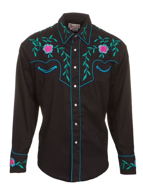 Rockmount Mens Black 100 Cotton L S Western Shirt Floral Pearl Snap