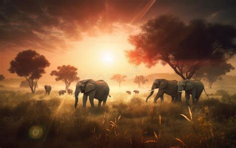 A Herd Of Elephants Walking Across A Lush Green Field Ai Generative