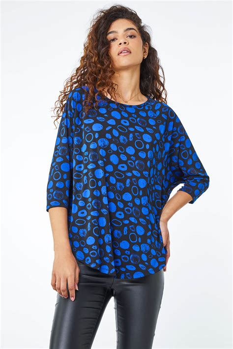 Spot Print Round Neck Tunic Top In Royal Blue Roman Originals UK