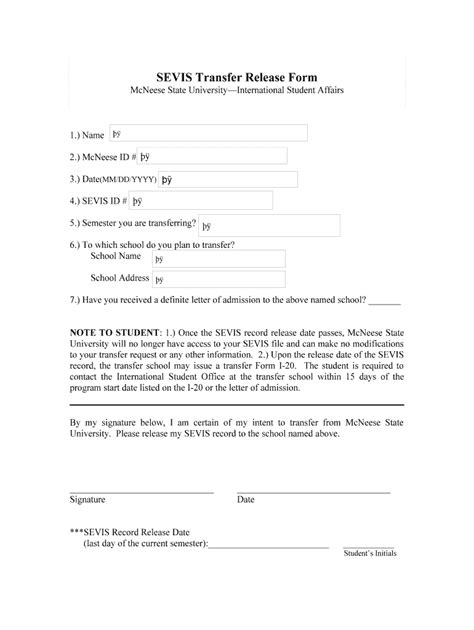 Fillable Online Mcneese Sevis Transfer Release Form Mcneeseedu Fax