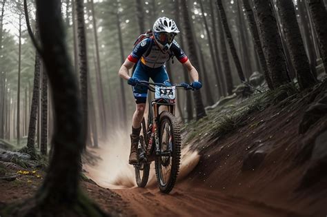 Premium Ai Image A Man Riding A Mountain Bike In A Forest