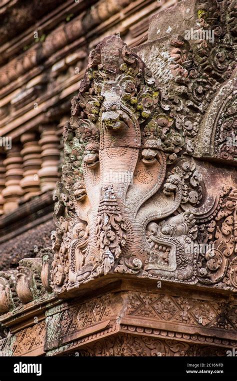 Ornate Carving Of A Naga Hindu Snake God On The Corner Of A Prasat At