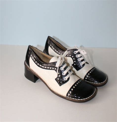 1960s Shoes Black White Oxford Shoes Block Heels White Oxford Shoes