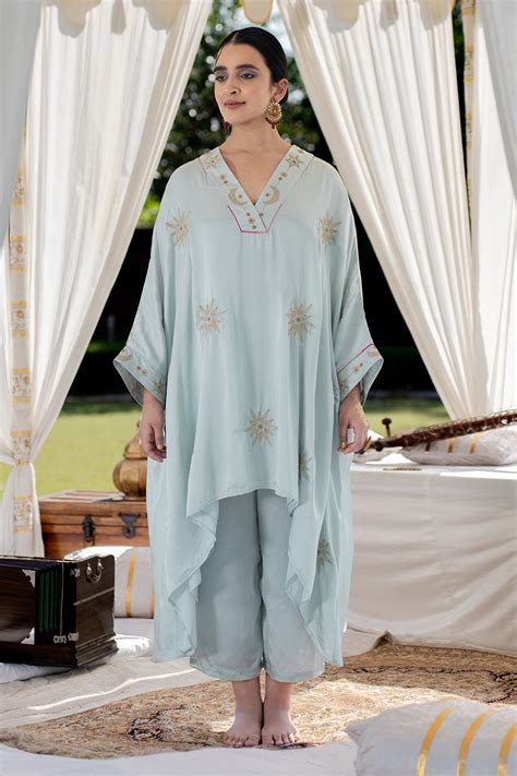 Buy Blue Cotton Modal Embroidered Sequin And Aari Work Kaftan Pant