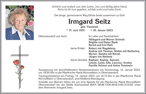 Traueranzeigen Von Irmgard Seitz Augsburger Allgemeine Zeitung