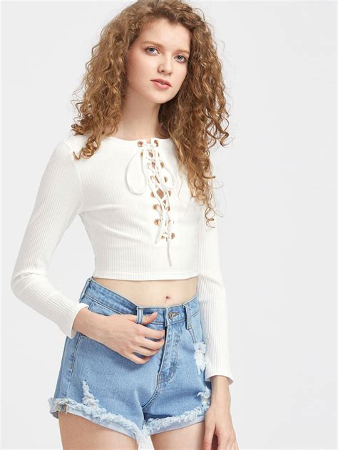 Eyelet Lace Up Front Crop Ribbed Tee Shein Sheinside