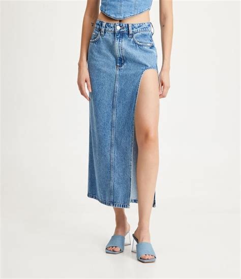 Saia Midi Jeans Fenda Larga Azul