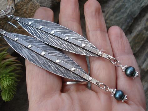 Unique Hammered Silver Long Leaf Riveted Earrings Tahitian Etsy