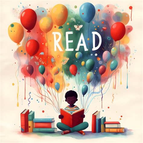 bright colorful read poster  child reading library graphics stock