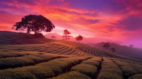 Premium AI Image | Tea plantation sunset with clouds rolling